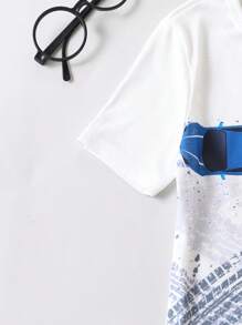 Boys Car Print Tee & Shorts Snug Fit PJ Set - Blue and White - View 3