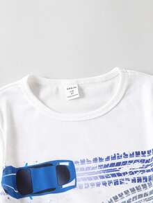 Boys Car Print Tee & Shorts Snug Fit PJ Set - Blue and White - View 5