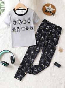 男孩卡通機器人圖案撞色滾邊緊身睡衣套裝 - 彩色 - 查看 1