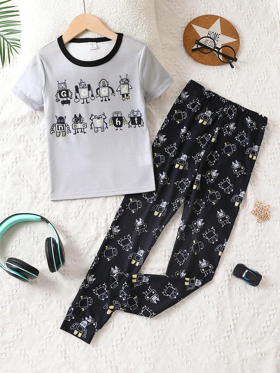男孩卡通機器人圖案撞色滾邊緊身睡衣套裝 - 彩色 - 查看 1