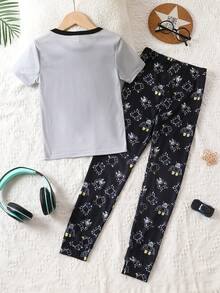 男孩卡通機器人圖案撞色滾邊緊身睡衣套裝 - 彩色 - 查看 2