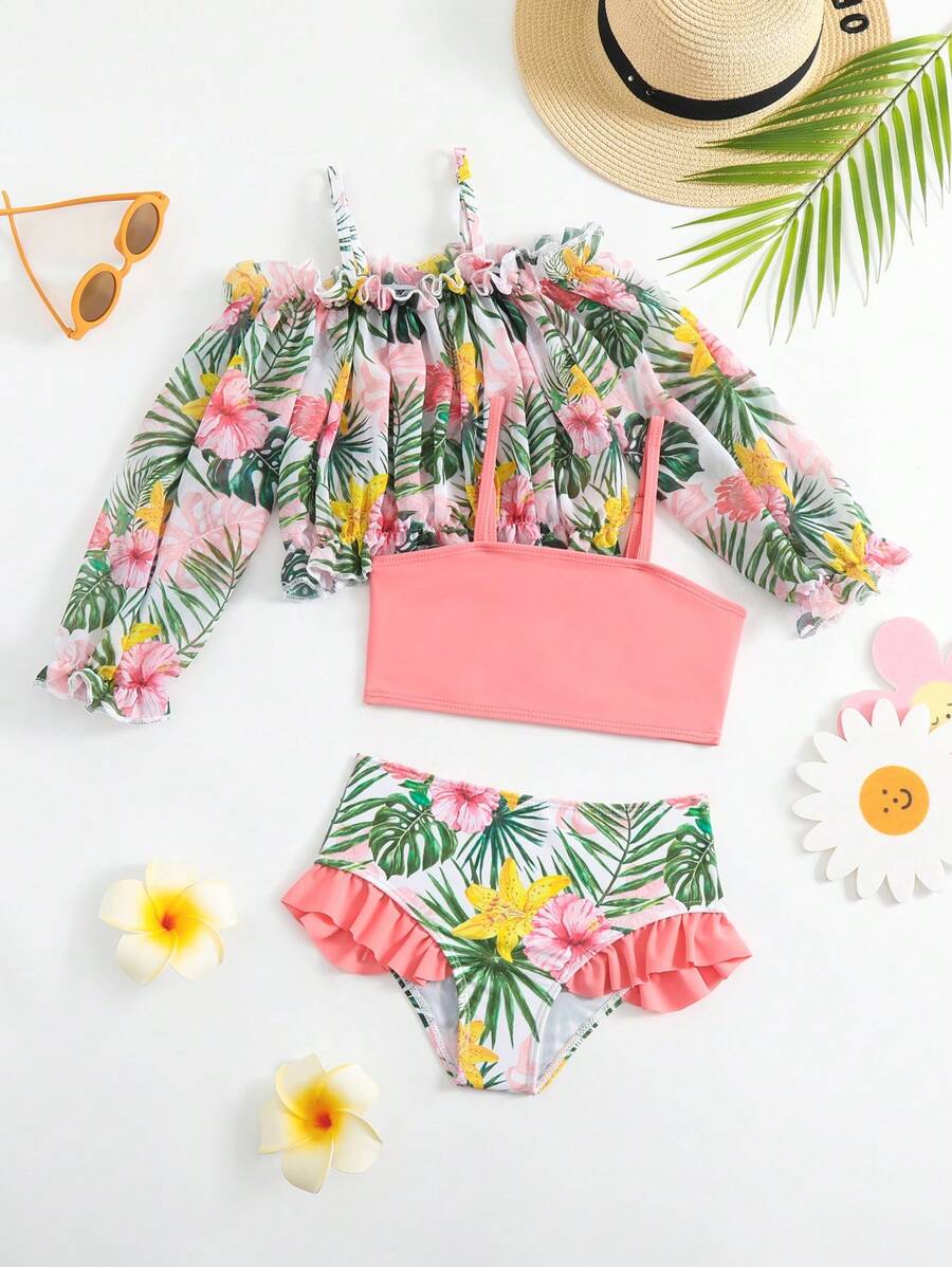 Young Girl Summer Bikini Set Spaghetti Strap Three-Piece Set, With Sun Protection Long Sleeve Cover-Up, Tropical Plant Print And Ruffle Edge, Suitable For Beach Vacation Summer Beach