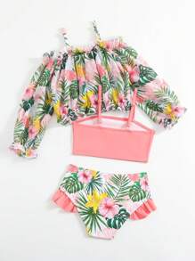 Young Girl Summer Bikini Set Spaghetti Strap Three-Piece Set, With Sun Protection Long Sleeve Cover-Up, Tropical Plant Print And Ruffle Edge, Suitable For Beach Vacation Summer Beach