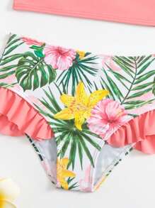 Young Girl Summer Bikini Set Spaghetti Strap Three-Piece Set, With Sun Protection Long Sleeve Cover-Up, Tropical Plant Print And Ruffle Edge, Suitable For Beach Vacation Summer Beach