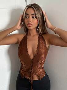 SHEIN ICON Áo khoác và áo lót dành cho xe tăng nữ Bất đối xứng Lộ Lưng Tương phản ren Buộc lại Thắt nơ trước màu trơn Gợi cảm - Cà phê nâu - Xem 1