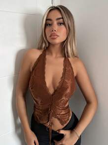 SHEIN ICON Áo khoác và áo lót dành cho xe tăng nữ Bất đối xứng Lộ Lưng Tương phản ren Buộc lại Thắt nơ trước màu trơn Gợi cảm - Cà phê nâu - Xem 5