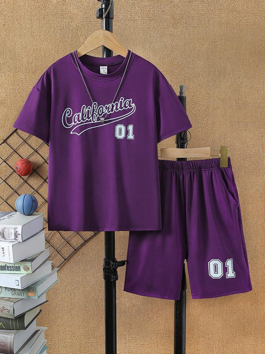 SHEIN 男孩字母圖案T恤和短褲套裝 - 紫色 - 查看 1