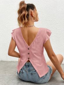 SHEIN Privé Áo thun nữ Nút Xù màu trơn Giải trí - Bụi hồng - Xem 1