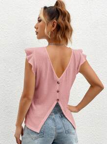 SHEIN Privé Áo thun nữ Nút Xù màu trơn Giải trí - Bụi hồng - Xem 3