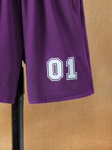 SHEIN 男孩字母圖案T恤和短褲套裝 - 紫色 - 查看 6