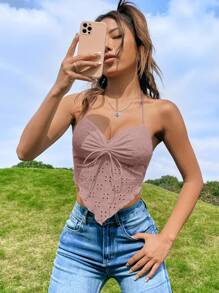 Soleia Áo khoác và áo lót dành cho xe tăng nữ Bất đối xứng Lộ Lưng Dây kéo Xù Buộc lại Tranh thêu màu trơn Gợi cảm - Bụi hồng - Xem 2