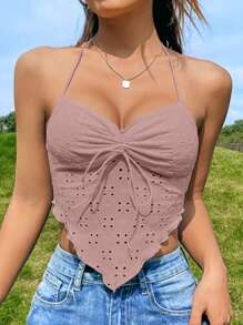 Soleia Áo khoác và áo lót dành cho xe tăng nữ Bất đối xứng Lộ Lưng Dây kéo Xù Buộc lại Tranh thêu màu trơn Gợi cảm - Bụi hồng - Xem 3