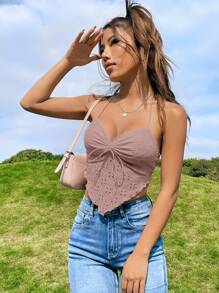 Soleia Áo khoác và áo lót dành cho xe tăng nữ Bất đối xứng Lộ Lưng Dây kéo Xù Buộc lại Tranh thêu màu trơn Gợi cảm - Bụi hồng - Xem 5