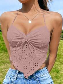 Soleia Áo khoác và áo lót dành cho xe tăng nữ Bất đối xứng Lộ Lưng Dây kéo Xù Buộc lại Tranh thêu màu trơn Gợi cảm - Bụi hồng - Xem 7