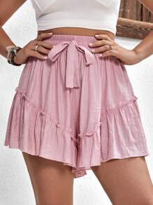 SHEIN Holidaya Shorts con cordón delantero bajo con fruncido - Rosa - Ver 3