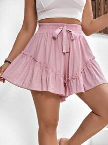 SHEIN Holidaya Shorts con cordón delantero bajo con fruncido - Rosa - Ver 7