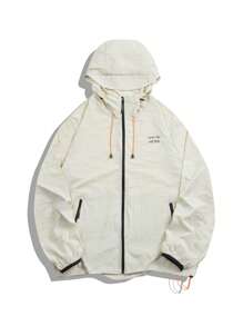 Men Letter Graphic Drawstring Hem Hooded Sports Jacket Gym Clothes Men - Apricot - View 1