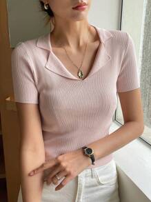 DAZY Blusa de punto de manga corta de unicolor para mujer de estilo casual de oficina