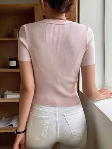 DAZY Blusa de punto de manga corta de unicolor para mujer de estilo casual de oficina