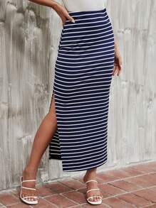 SHEIN Essnce 條紋圖案開衩短裙 - 藍白色 - 查看 1