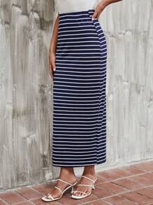 SHEIN Essnce 條紋圖案開衩短裙 - 藍白色 - 查看 4