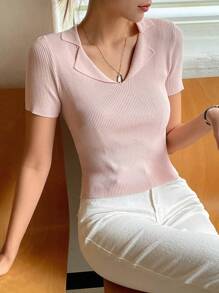 DAZY Blusa de punto de manga corta de unicolor para mujer de estilo casual de oficina