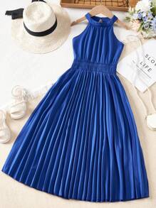 SHEIN 女孩素色百褶下擺掛脖連衣裙 - 藍色 - 查看 1