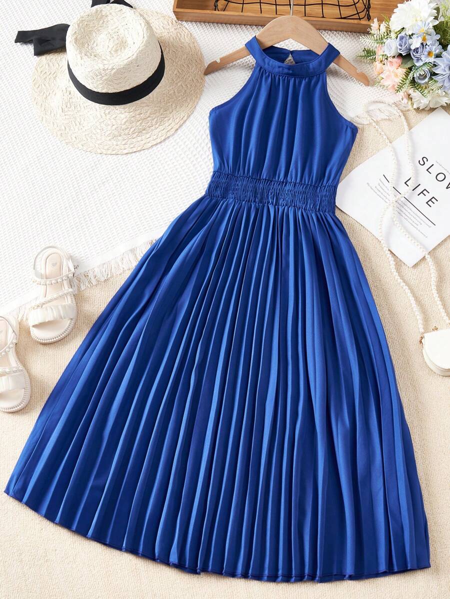 SHEIN 女孩素色百褶下擺掛脖連衣裙 - 藍色 - 查看 1