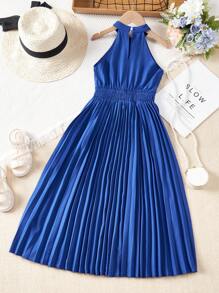 SHEIN 女孩素色百褶下擺掛脖連衣裙 - 藍色 - 查看 2
