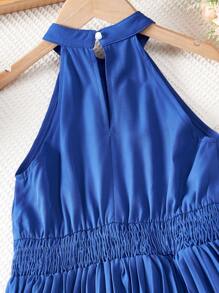 SHEIN 女孩素色百褶下擺掛脖連衣裙 - 藍色 - 查看 4
