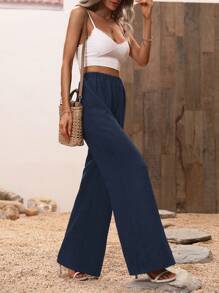 SHEIN VCAY Pantalones de pierna ancha unicolor - Azul Marino - Ver 1