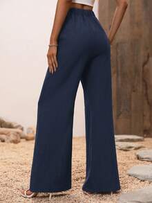 SHEIN VCAY Pantalones de pierna ancha unicolor - Azul Marino - Ver 2