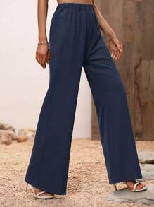 SHEIN VCAY Pantalones de pierna ancha unicolor - Azul Marino - Ver 3
