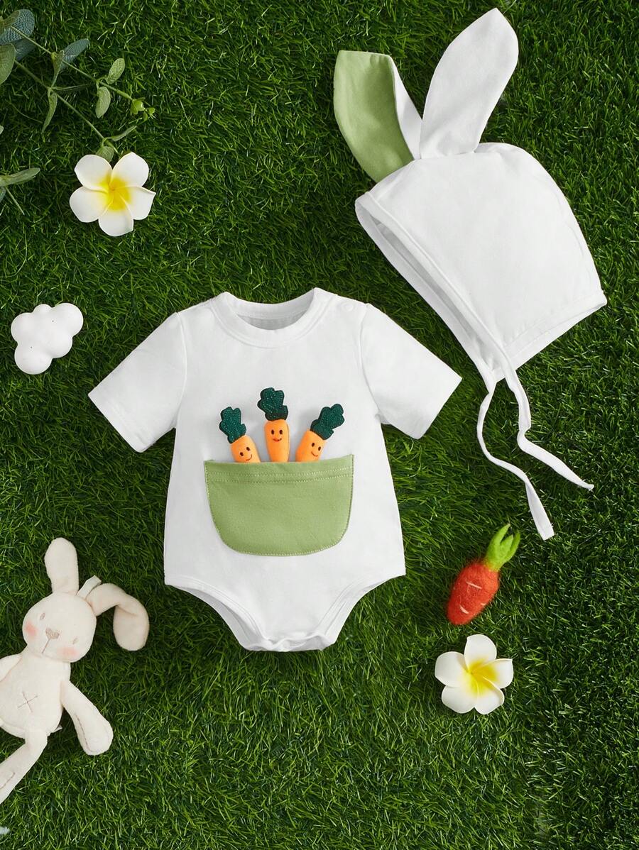 SHEIN 新款出生嬰兒卡通圖案戲服連體衣附帽子