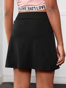 SHEIN Leap Crew 青少年女孩针织纯色百搭运动高腰短裤，带口袋，A 字裙衬里 - 黑色 - 查看 2