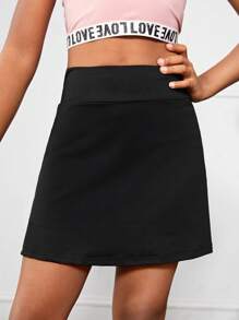 SHEIN Leap Crew 青少年女孩针织纯色百搭运动高腰短裤，带口袋，A 字裙衬里 - 黑色 - 查看 3