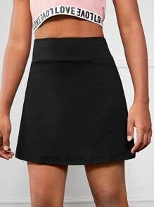 SHEIN Leap Crew 青少年女孩针织纯色百搭运动高腰短裤，带口袋，A 字裙衬里 - 黑色 - 查看 5