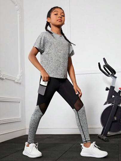SHEIN Tween Flicka Rymdfärg Sport Tshirts Med telefonficka Sidan Damasker