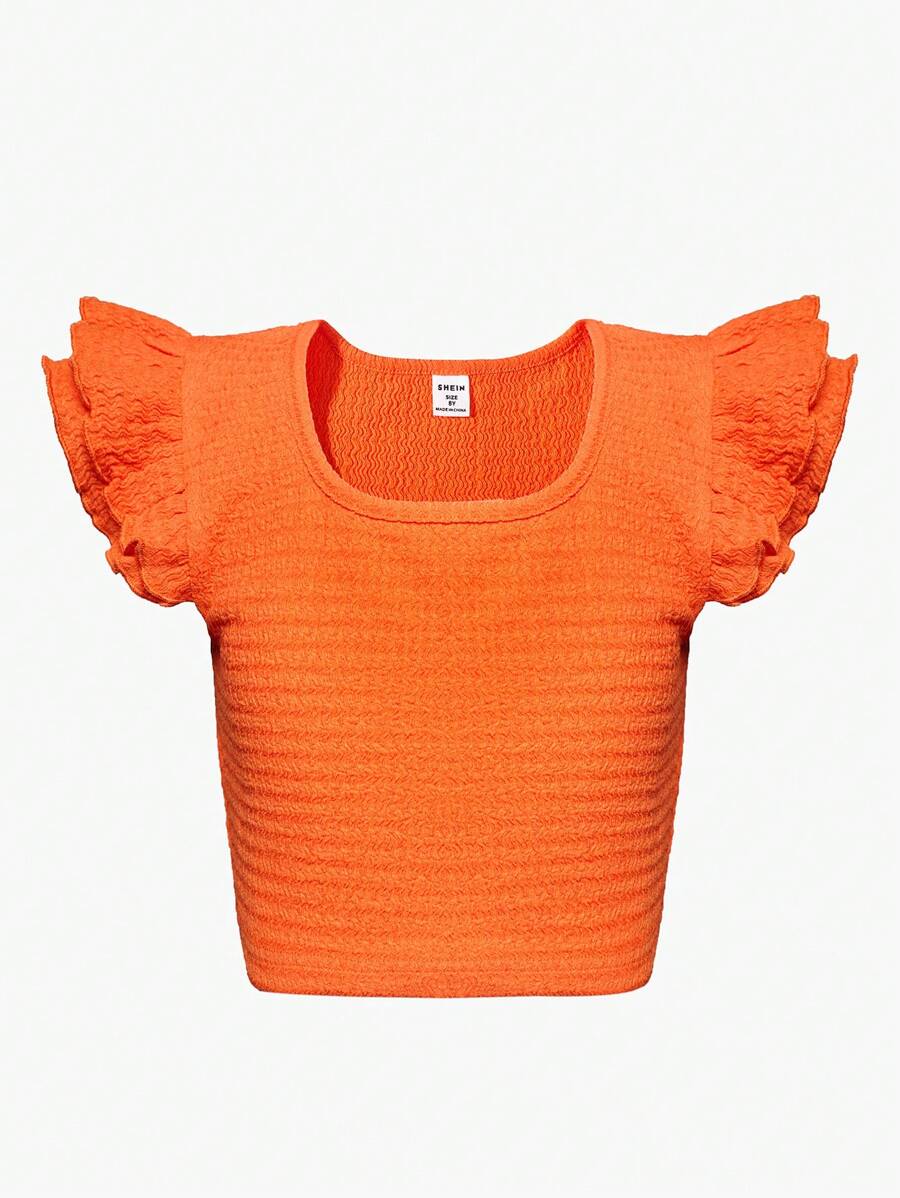 SHEIN Girls Ruffle Trim Butterfly Sleeve Crop Tee - Orange - View 1