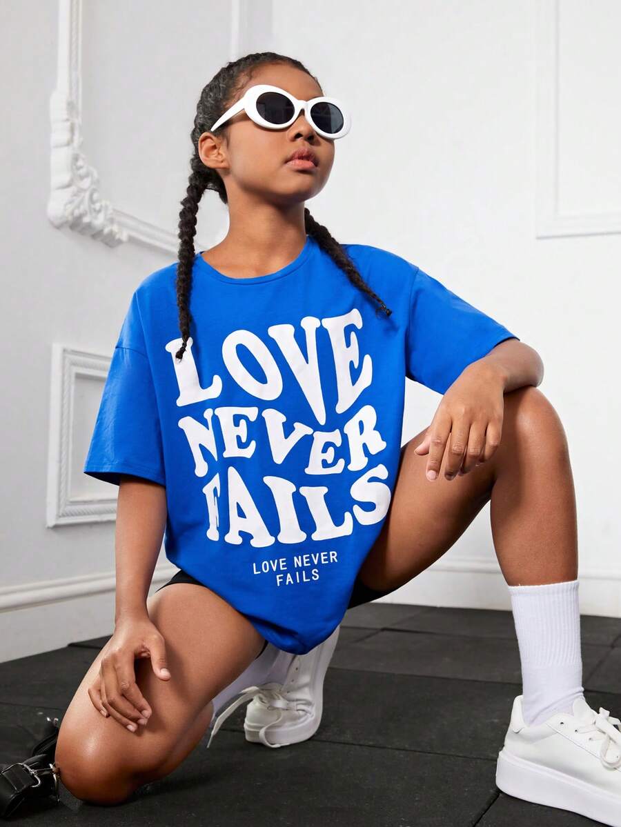 SHEIN Tops con gái Slogan Giải trí - Màu xanh lam - Xem 1