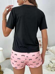 Letter Graphic Tee & Shorts PJ Set / Pajama Set - Black - View 2