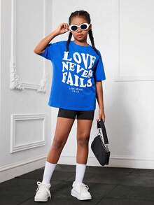 SHEIN Tops con gái Slogan Giải trí - Màu xanh lam - Xem 3