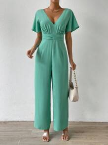 SHEIN Privé Plunge Neck Butterfly Sleeve Wide Leg Jumpsuit - Green - View 2