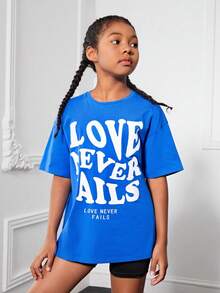 SHEIN Tops con gái Slogan Giải trí - Màu xanh lam - Xem 4