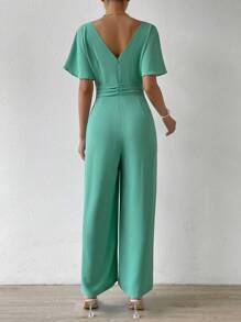 SHEIN Privé Plunge Neck Butterfly Sleeve Wide Leg Jumpsuit - Green - View 3