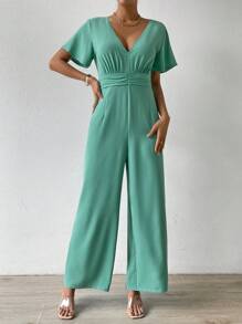 SHEIN Privé Plunge Neck Butterfly Sleeve Wide Leg Jumpsuit - Green - View 4