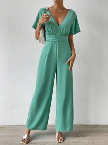 SHEIN Privé Plunge Neck Butterfly Sleeve Wide Leg Jumpsuit - Green - View 5