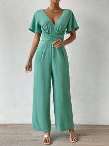 SHEIN Privé Plunge Neck Butterfly Sleeve Wide Leg Jumpsuit - Green - View 6
