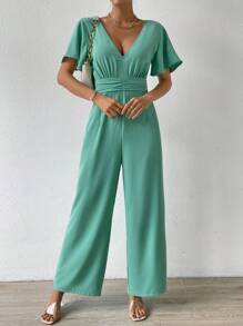 SHEIN Privé Plunge Neck Butterfly Sleeve Wide Leg Jumpsuit - Green - View 1