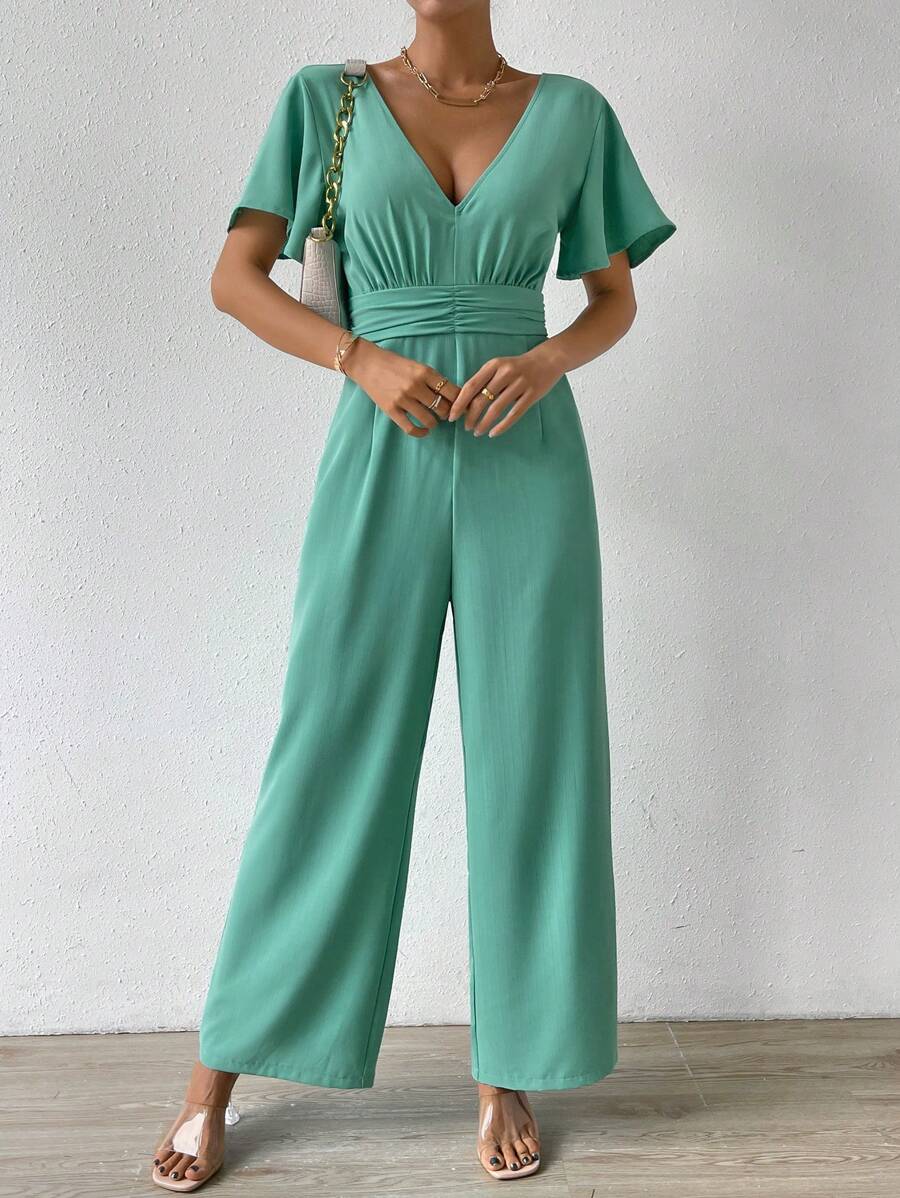 SHEIN Privé Plunge Neck Butterfly Sleeve Wide Leg Jumpsuit - Green - View 1